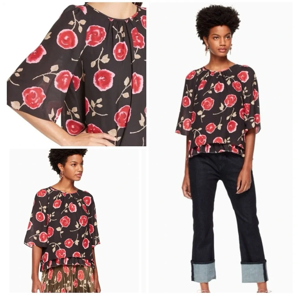 EUC Kate Spade NY Hazy Rose Floral Double Layer Ruffle Tier Top Blouse S​